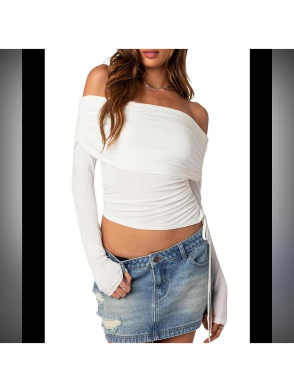 Edikted Fold Over Off The Shoulder White Blouse - Size Small